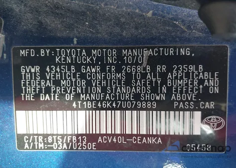 2007 Toyota Camry Le from USA, damaged, VIN 4T1BE46K47U079889